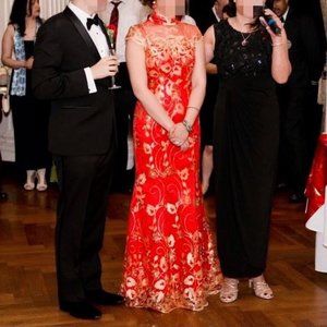 Embroidery Golden Floral Red Qipao Wedding Dress